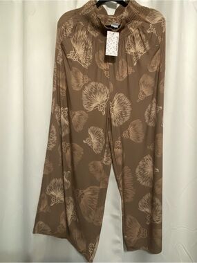 HAE Hawaii Women's Brown Liko Lehua Print Smocked Waist Wide Leg Pants Sz L NWT